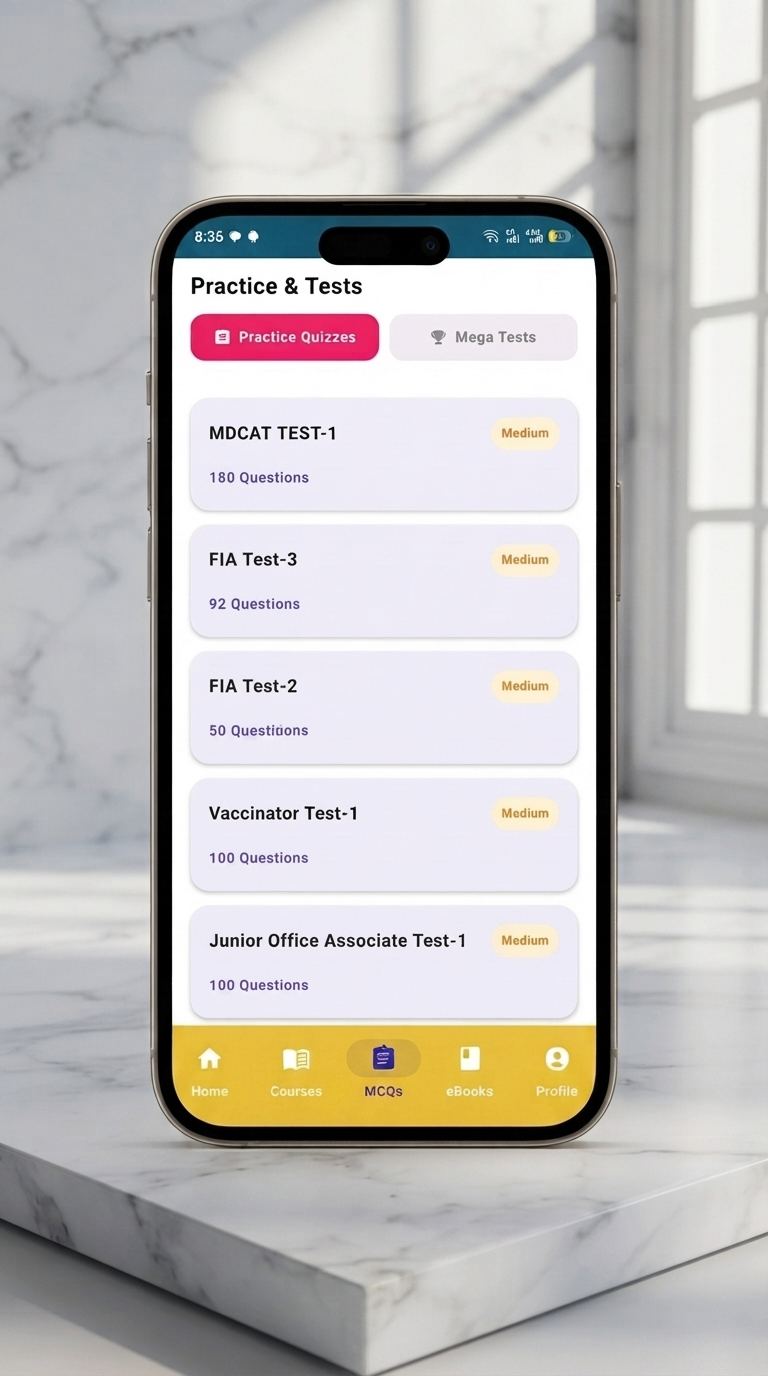 Practice & Tests screen of the Naeem Virtual Academy app